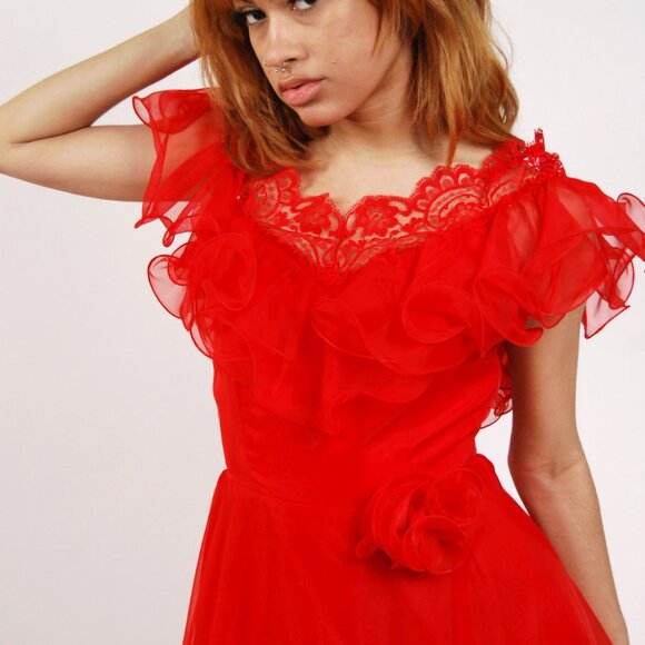 60s Chiffon Gown (XS) vintage red evening dress ruffle prom frilly sheer witch - Picture 5 of 8